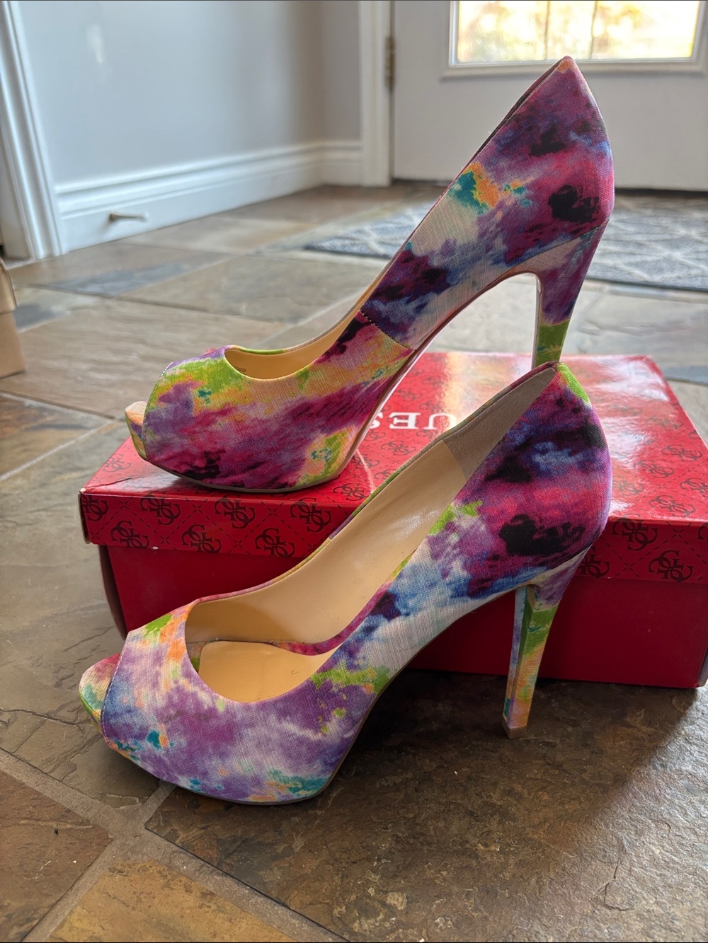 GUESS Multicolor Floral Peep-Toe High Heels
